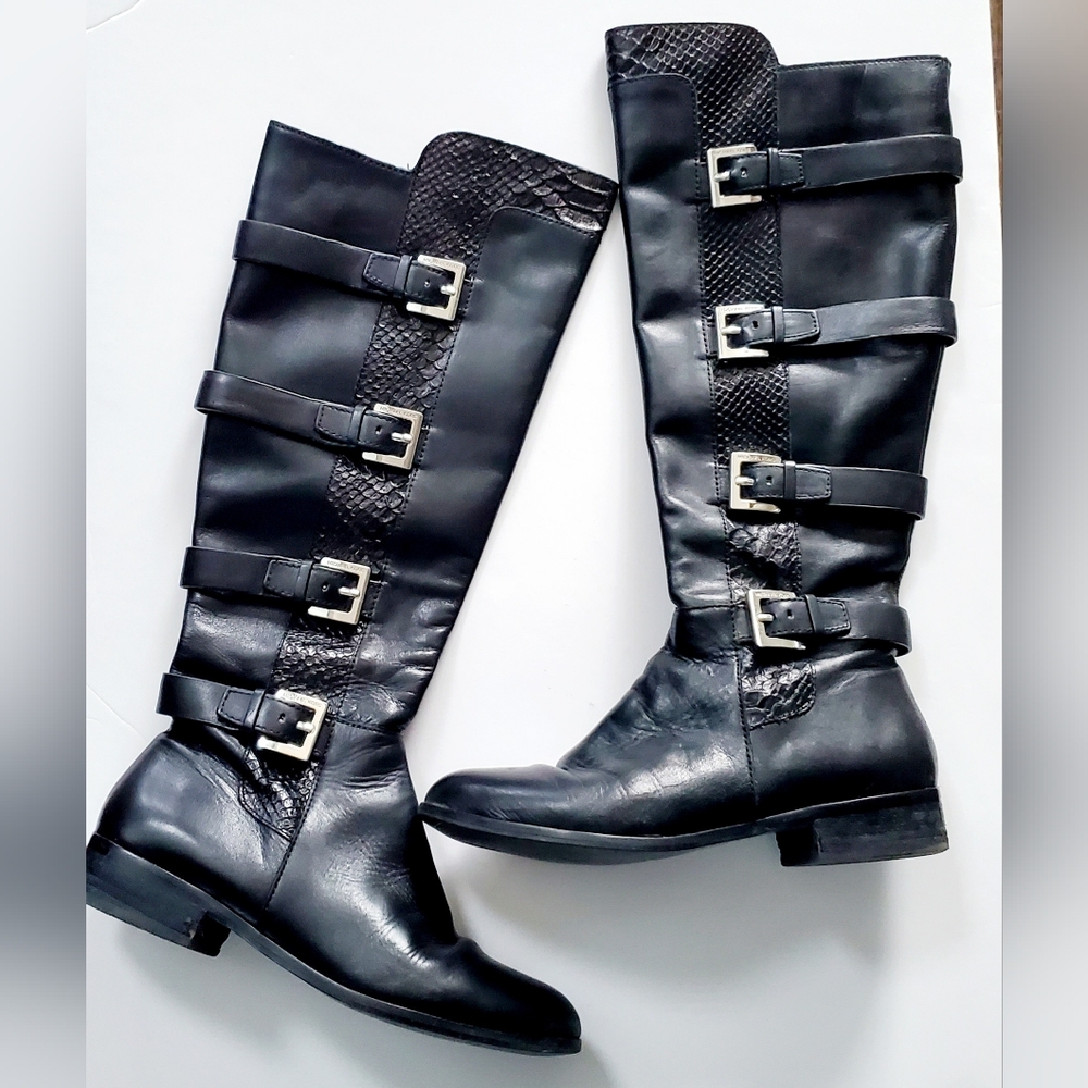 MICHAEL KORS Black Leather Women's Boots Flat Heel Buckles Zipper Snakeskin 8 M